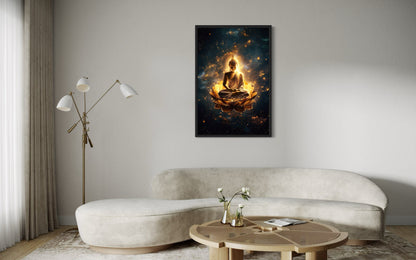 Golden Buddha With Lotus Flower Indian Framed Canvas Wall Art