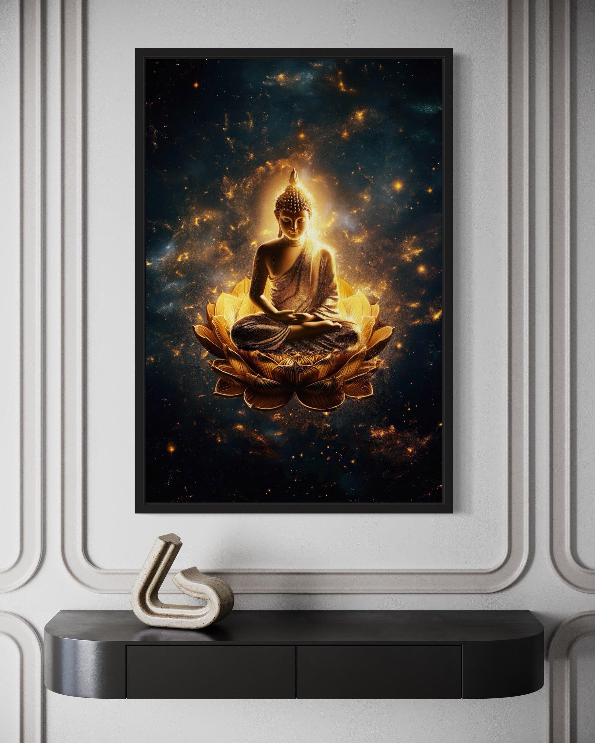 Golden Buddha With Lotus Flower Indian Framed Canvas Wall Art