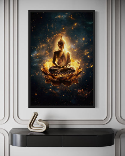 Golden Buddha With Lotus Flower Indian Framed Canvas Wall Art