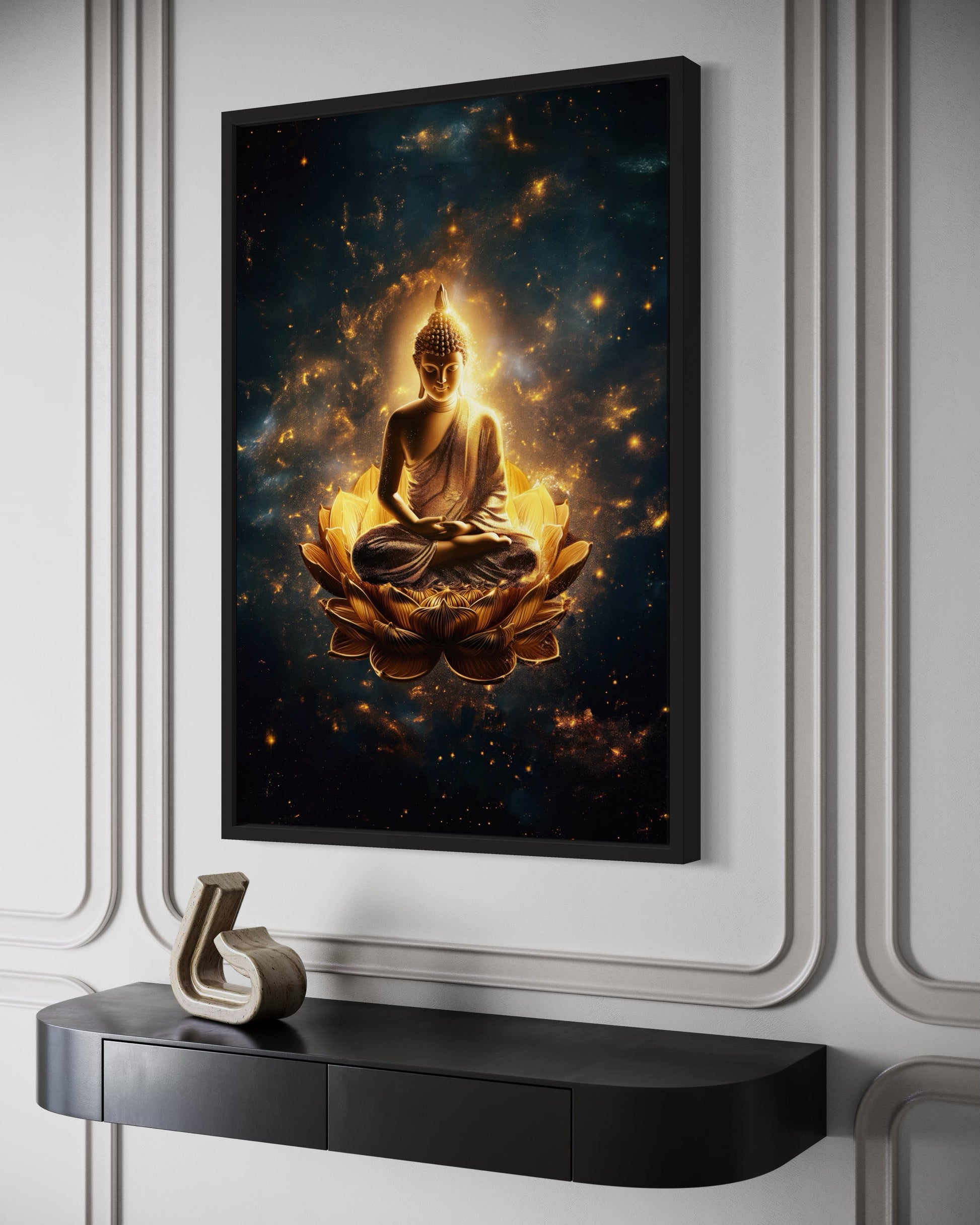 Golden Buddha With Lotus Flower Indian Framed Canvas Wall Art