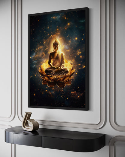 Golden Buddha With Lotus Flower Indian Framed Canvas Wall Art