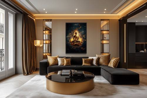 Golden Buddha With Lotus Flower Indian Framed Canvas Wall Art