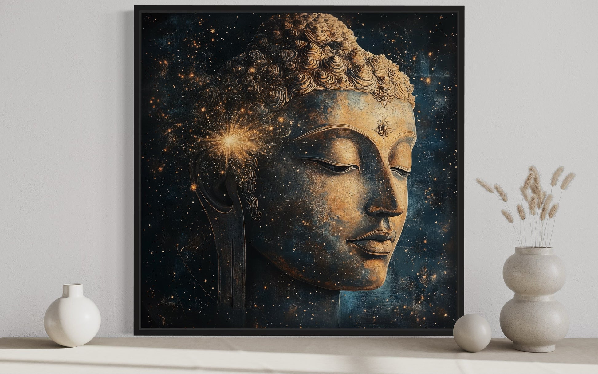Golden Buddha in Cosmic Galaxy Canvas Art - Meditation and Zen Decor