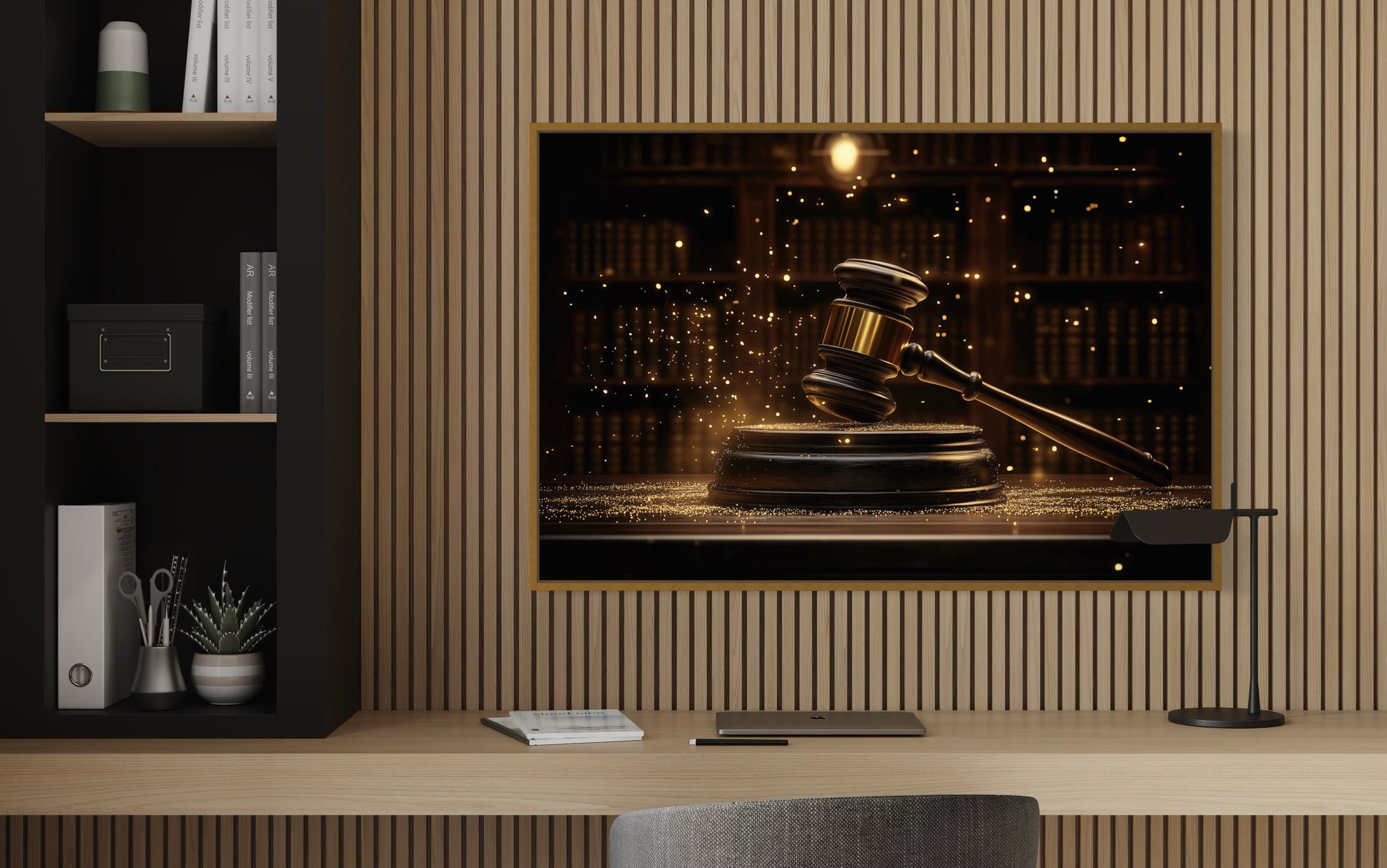 Golden Judge's Gavel Framed Canvas Wall Art