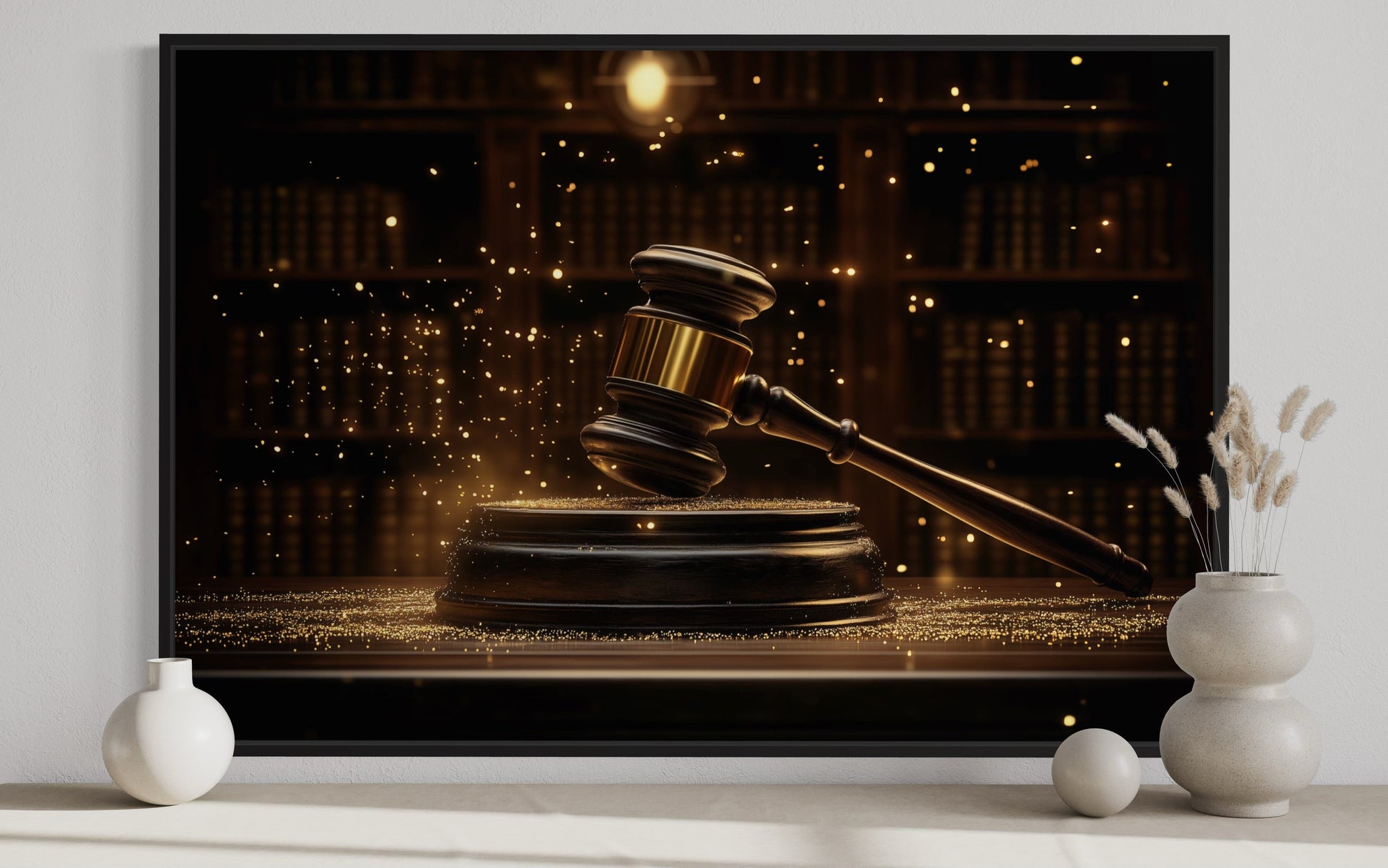 Golden Judge's Gavel Framed Canvas Wall Art