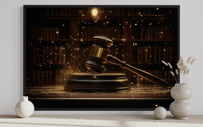 Golden Judge's Gavel Framed Canvas Wall Art