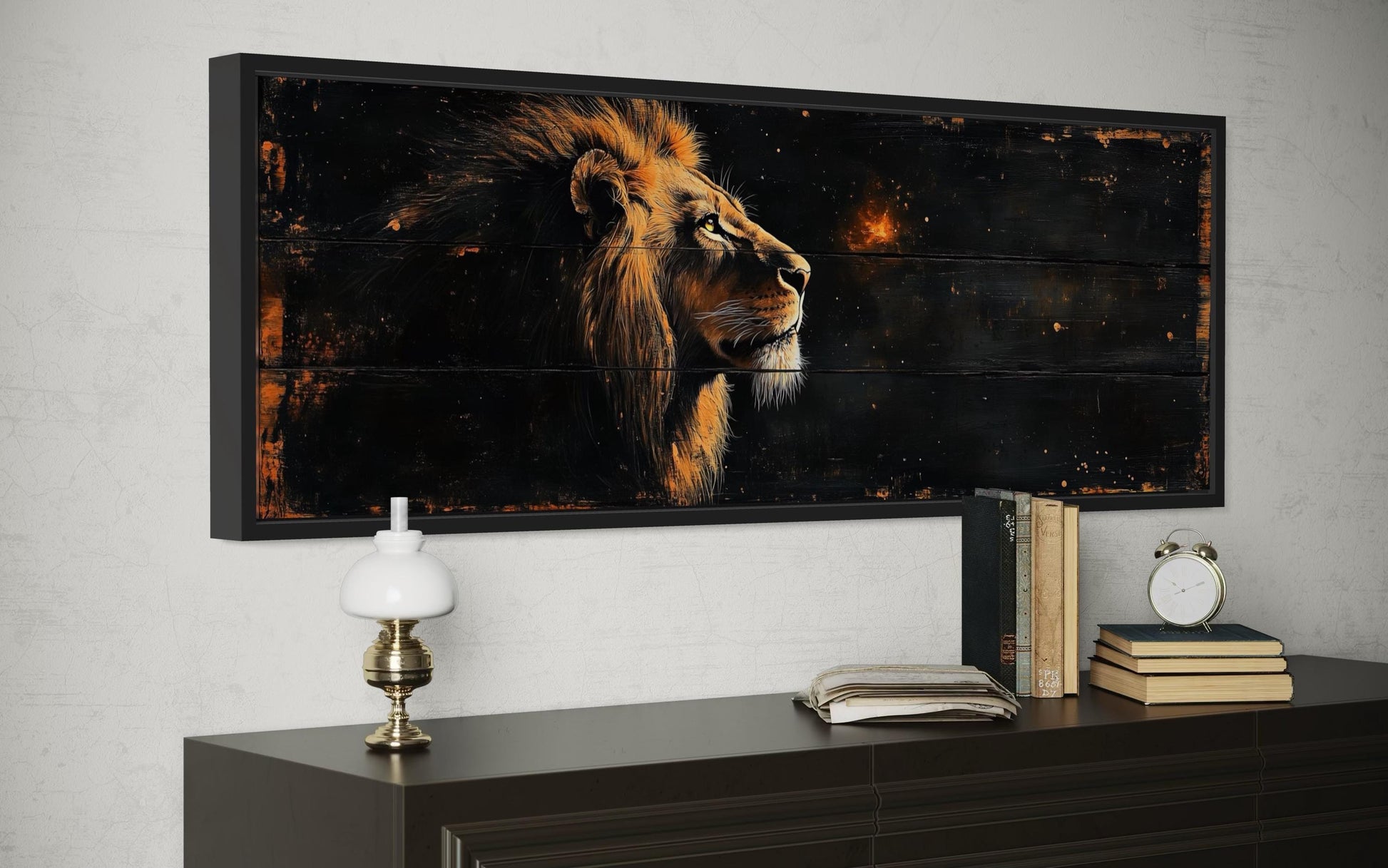 Golden Lion Long Horizontal Canvas Wall Art For Men's Bedroom