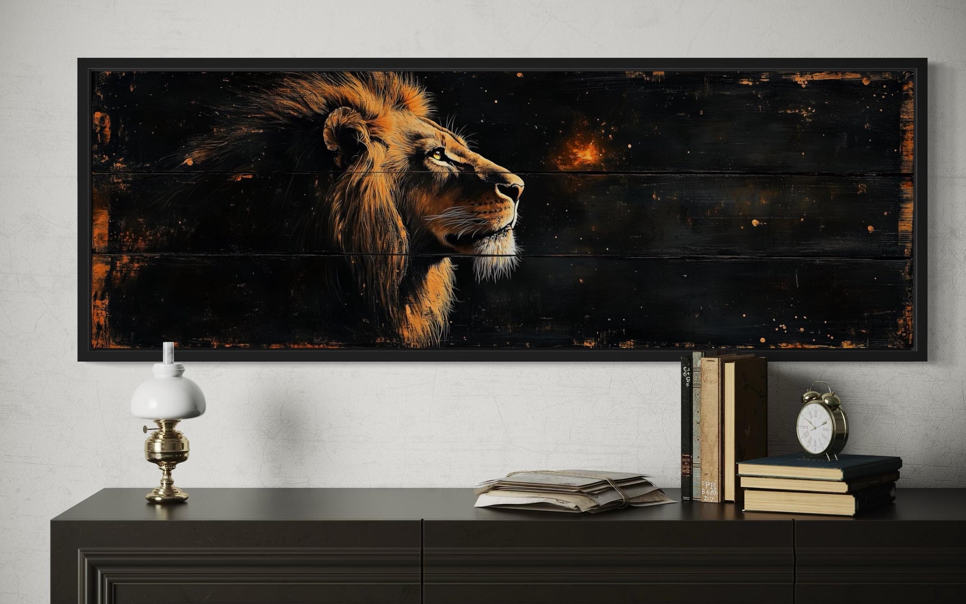 Golden Lion Long Horizontal Canvas Wall Art For Men's Bedroom