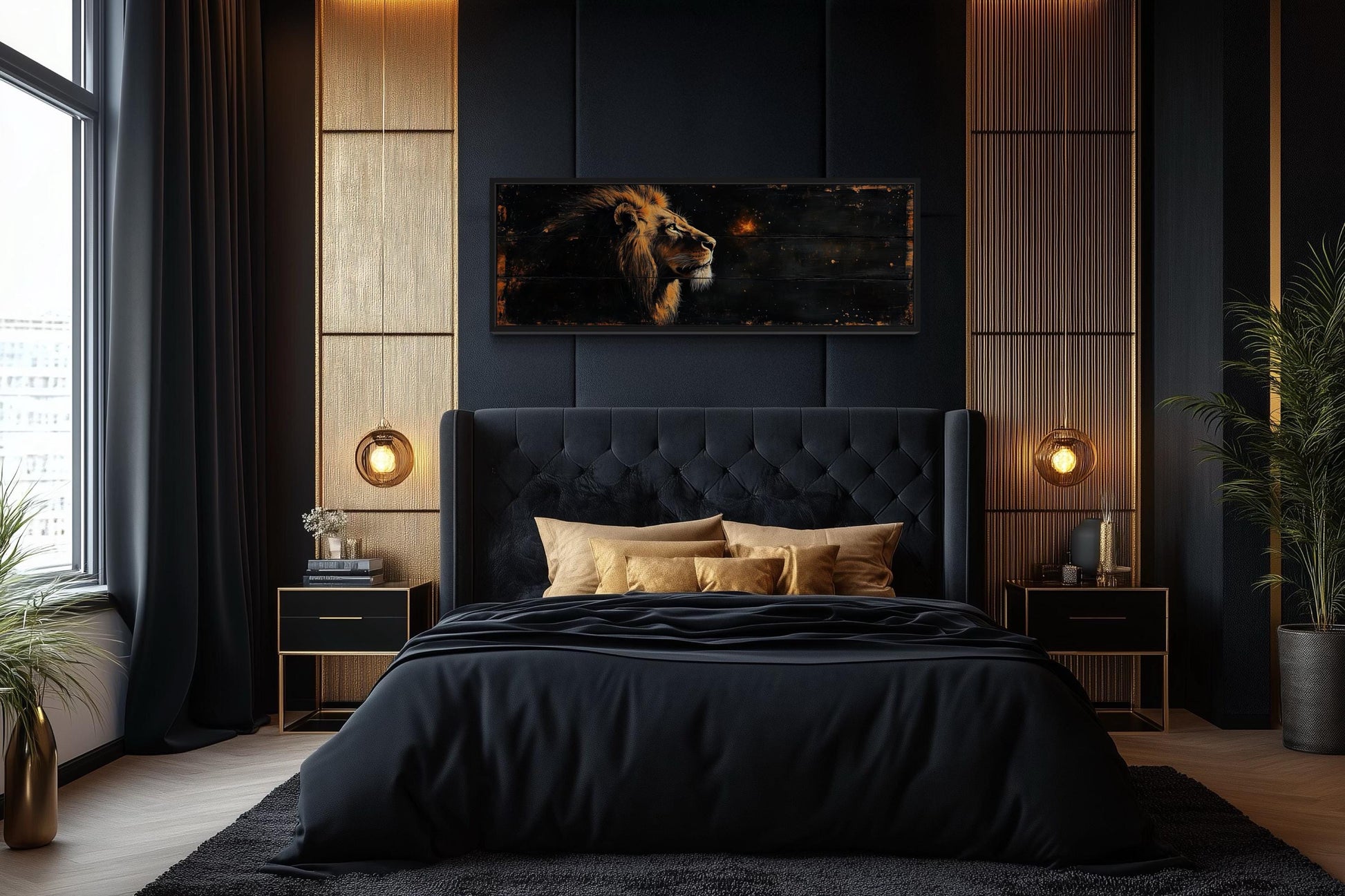 Golden Lion Long Horizontal Canvas Wall Art For Men's Bedroom