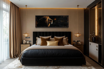 Golden Lion Long Horizontal Canvas Wall Art For Men's Bedroom