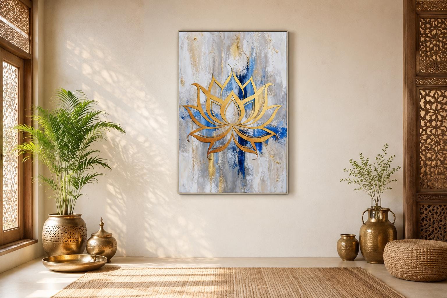 Golden Lotus Flower Outline on Abstract Blue, Gray, and Gold Background Wall Art