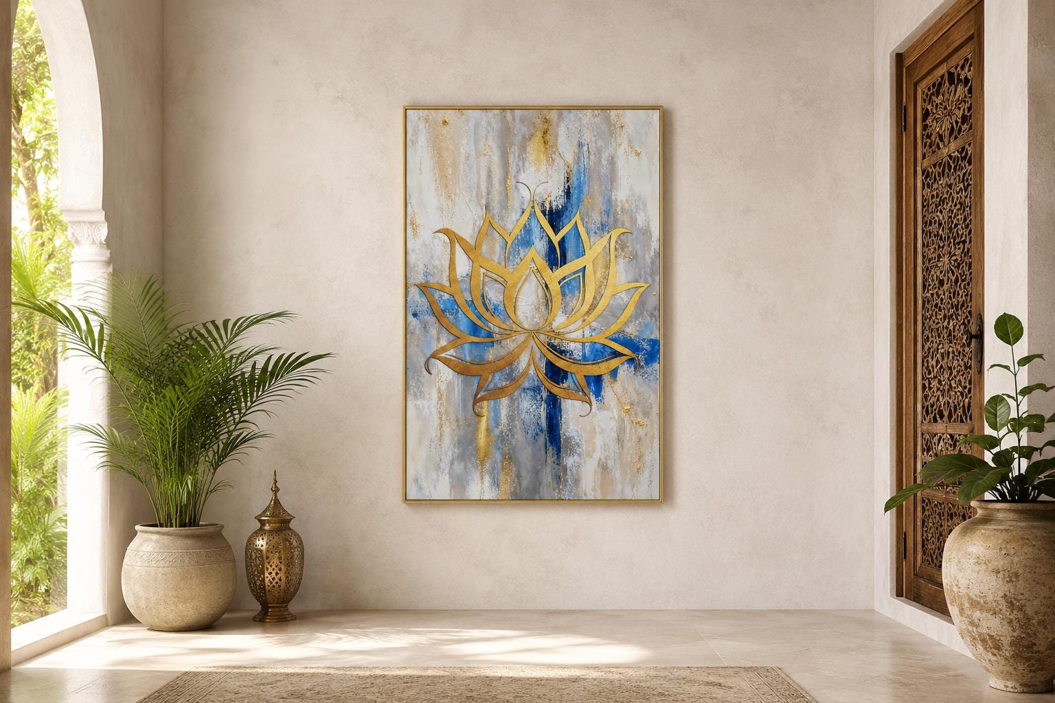 Golden Lotus Flower Outline on Abstract Blue, Gray, and Gold Background Wall Art