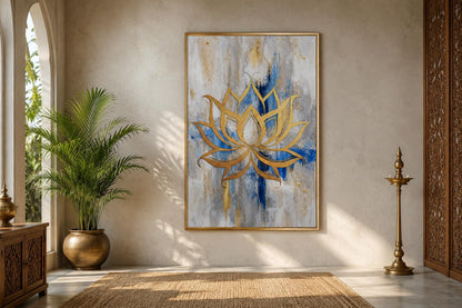 Golden Lotus Flower Outline on Abstract Blue, Gray, and Gold Background Wall Art