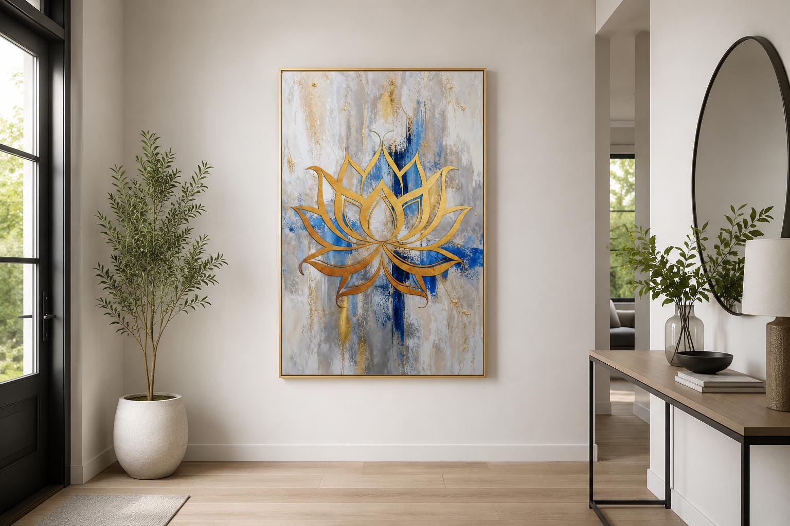 Golden Lotus Flower Outline on Abstract Blue, Gray, and Gold Background Wall Art