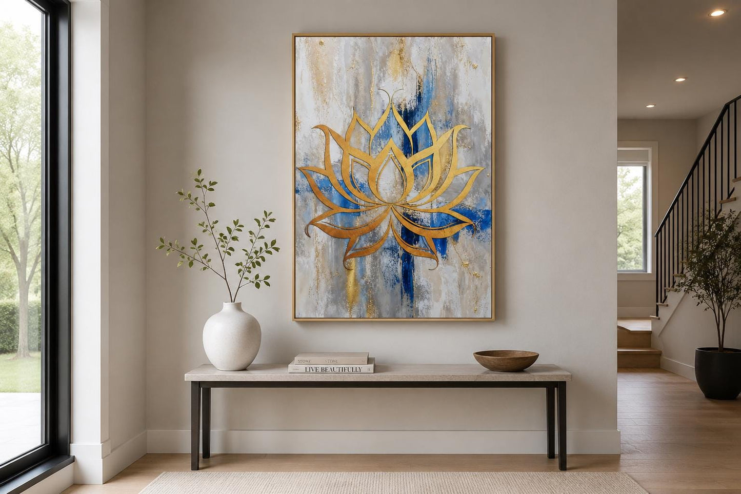 Golden Lotus Flower Outline on Abstract Blue, Gray, and Gold Background Wall Art