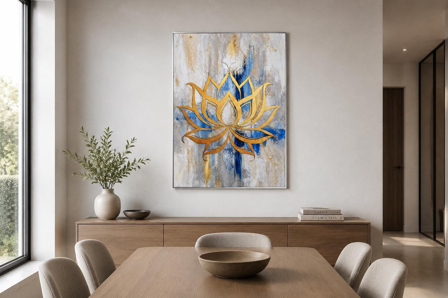 Golden Lotus Flower Outline on Abstract Blue, Gray, and Gold Background Wall Art