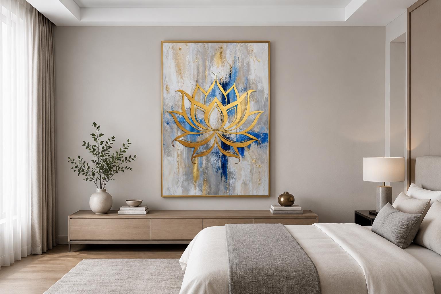 Golden Lotus Flower Outline on Abstract Blue, Gray, and Gold Background Wall Art