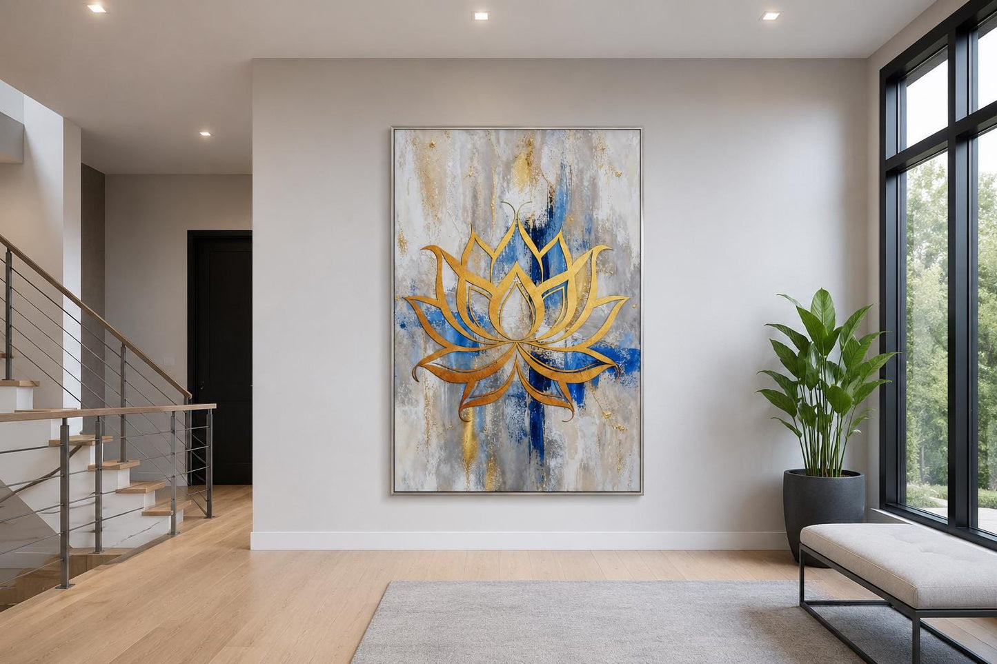 Golden Lotus Flower Outline on Abstract Blue, Gray, and Gold Background Wall Art