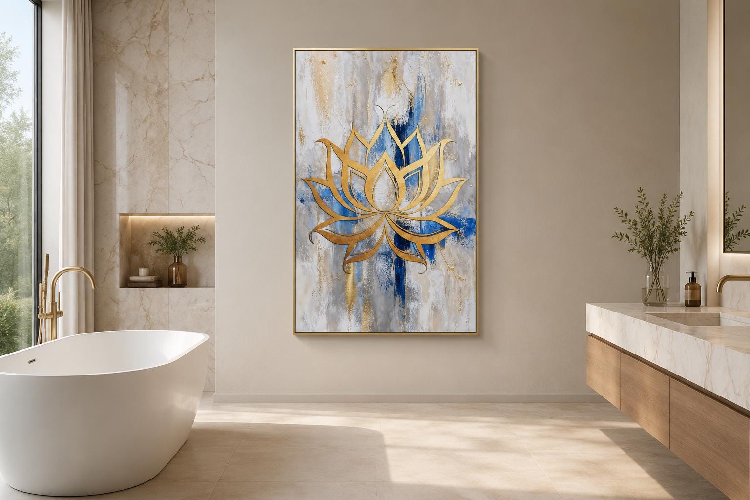 Golden Lotus Flower Outline on Abstract Blue, Gray, and Gold Background Wall Art