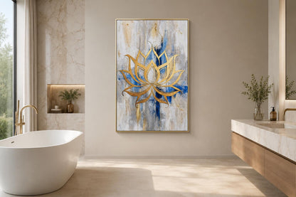 Golden Lotus Flower Outline on Abstract Blue, Gray, and Gold Background Wall Art