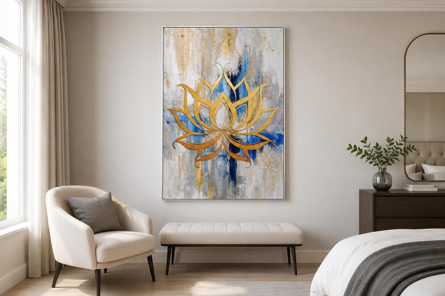 Golden Lotus Flower Outline on Abstract Blue, Gray, and Gold Background Wall Art
