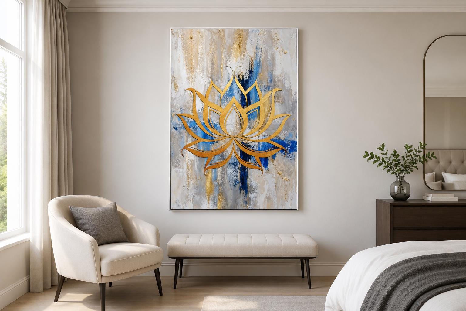 Golden Lotus Flower Outline on Abstract Blue, Gray, and Gold Background Wall Art