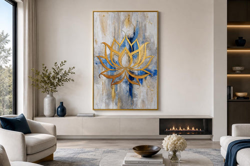 Golden Lotus Flower Outline on Abstract Blue, Gray, and Gold Background Wall Art