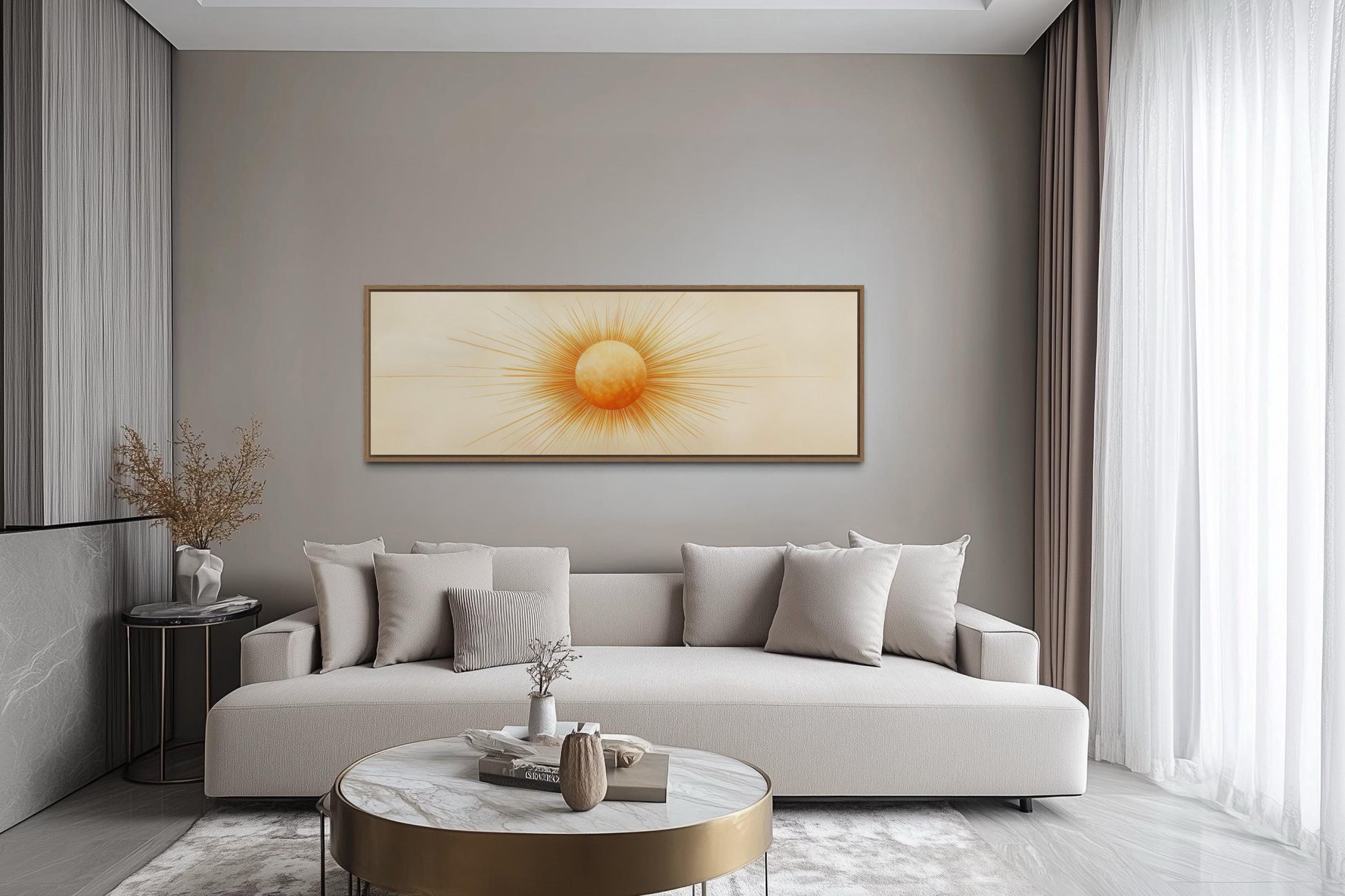 Golden Neutral Sun Long Horizontal Celestial Canvas Wall Art