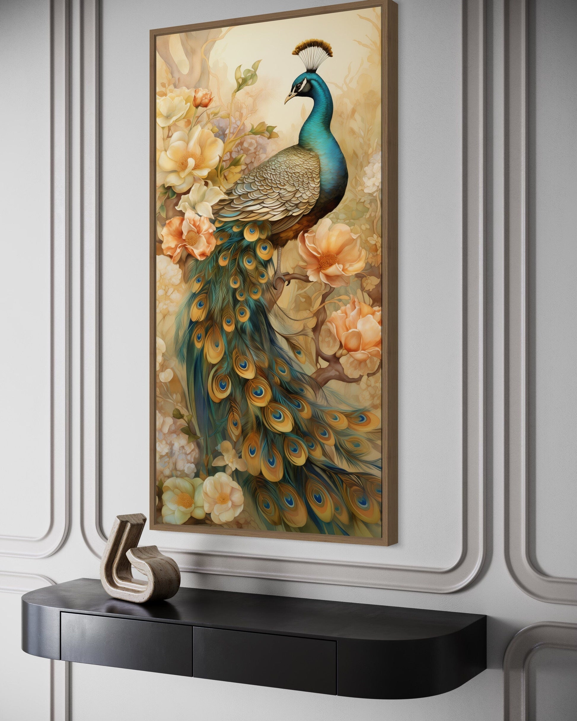 Golden Peacock Wall Art – Vertical Canvas Print with Metallic Gold Accents for Elegant Home Decor