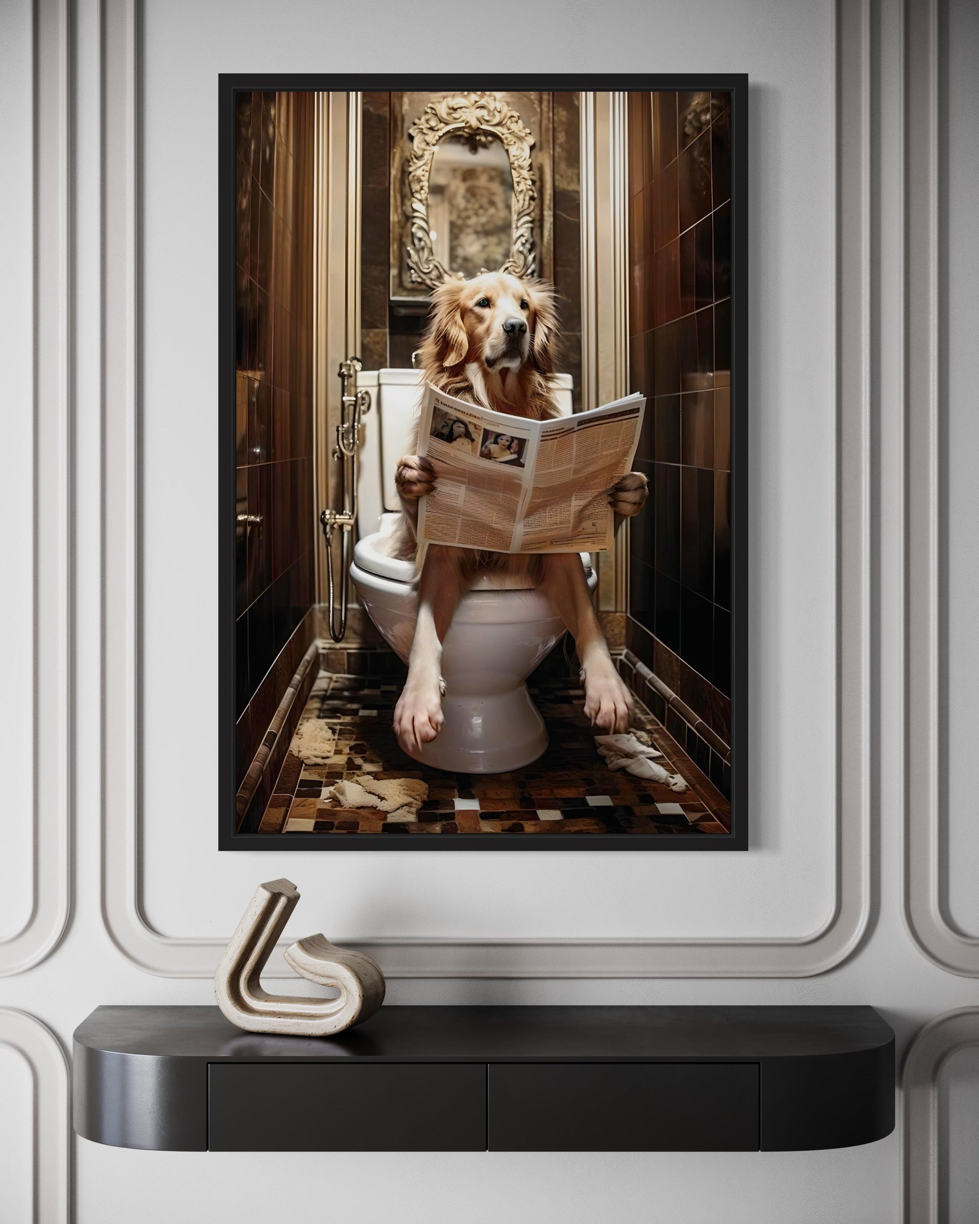 Golden Retriever Dog On The Toilet Reading Newspaper Picture Canvas Wall Art