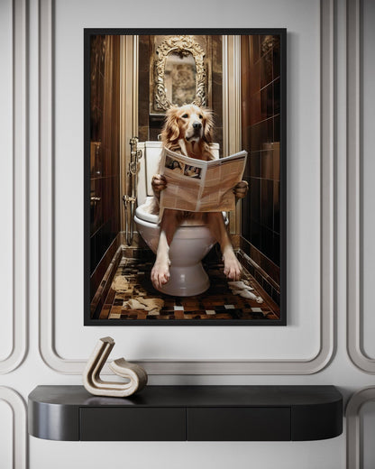 Golden Retriever Dog On The Toilet Reading Newspaper Picture Canvas Wall Art