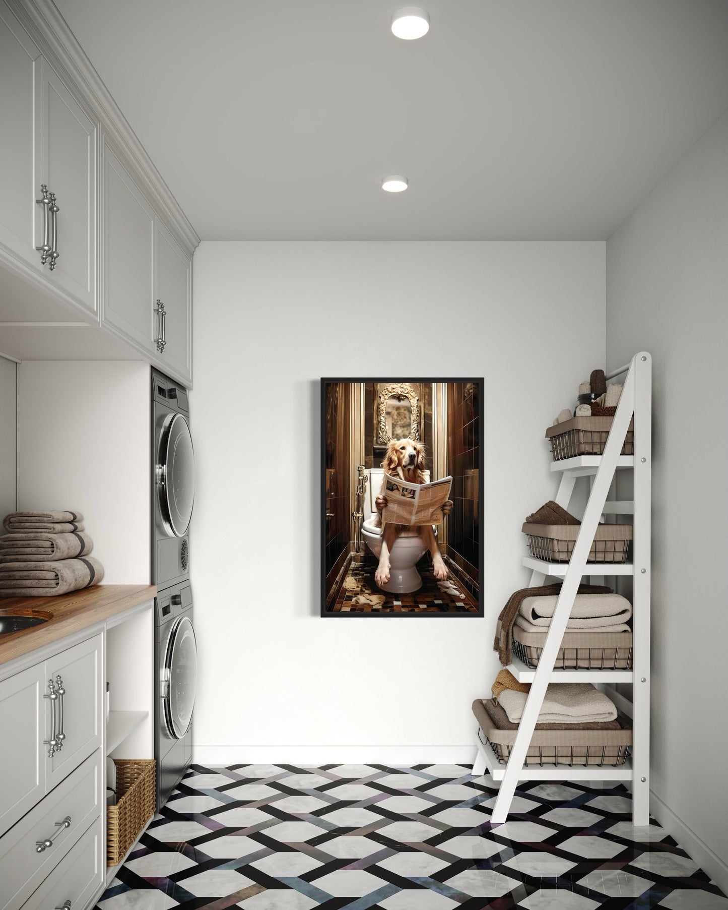 Golden Retriever Dog On The Toilet Reading Newspaper Picture Canvas Wall Art