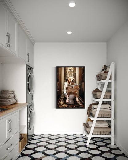 Golden Retriever Dog On The Toilet Reading Newspaper Picture Canvas Wall Art