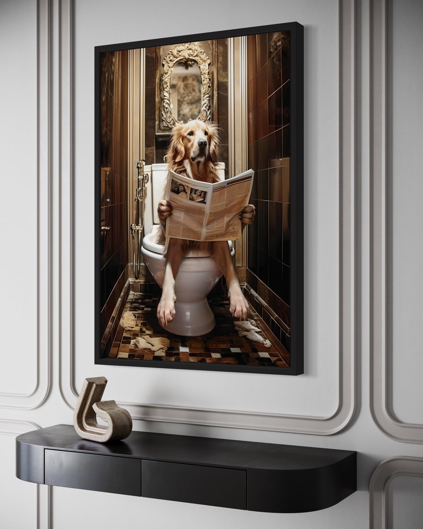 Golden Retriever Dog On The Toilet Reading Newspaper Picture Canvas Wall Art
