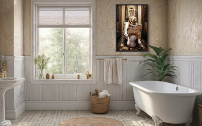 Golden Retriever Dog On The Toilet Reading Newspaper Picture Canvas Wall Art