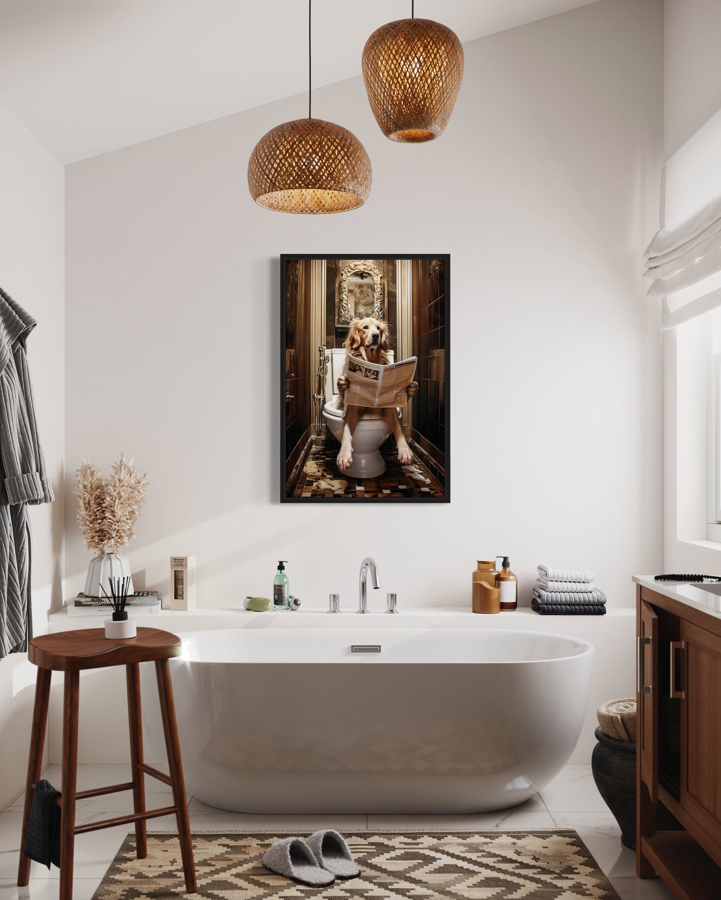 Golden Retriever Dog On The Toilet Reading Newspaper Picture Canvas Wall Art