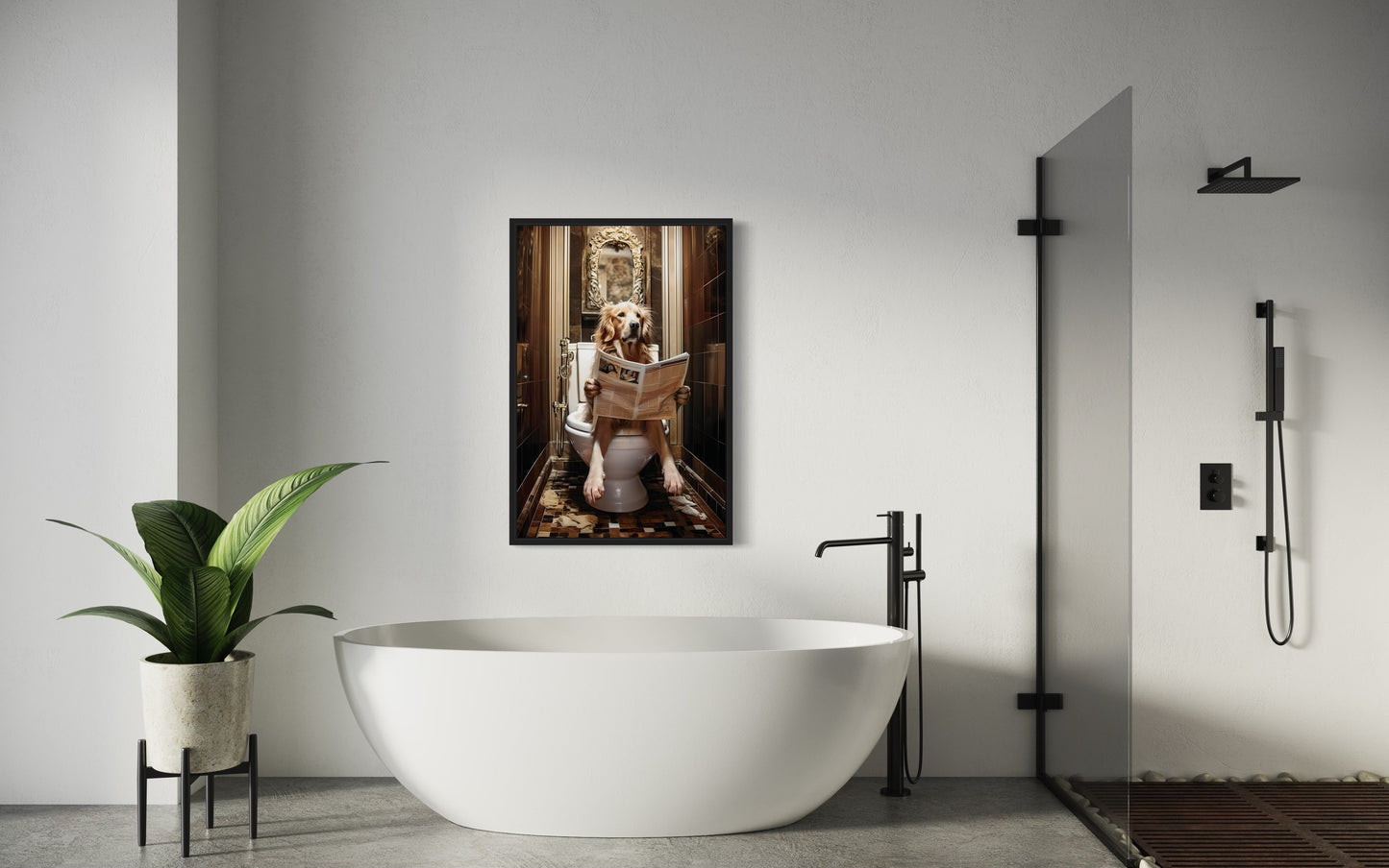 Golden Retriever Dog On The Toilet Reading Newspaper Picture Canvas Wall Art
