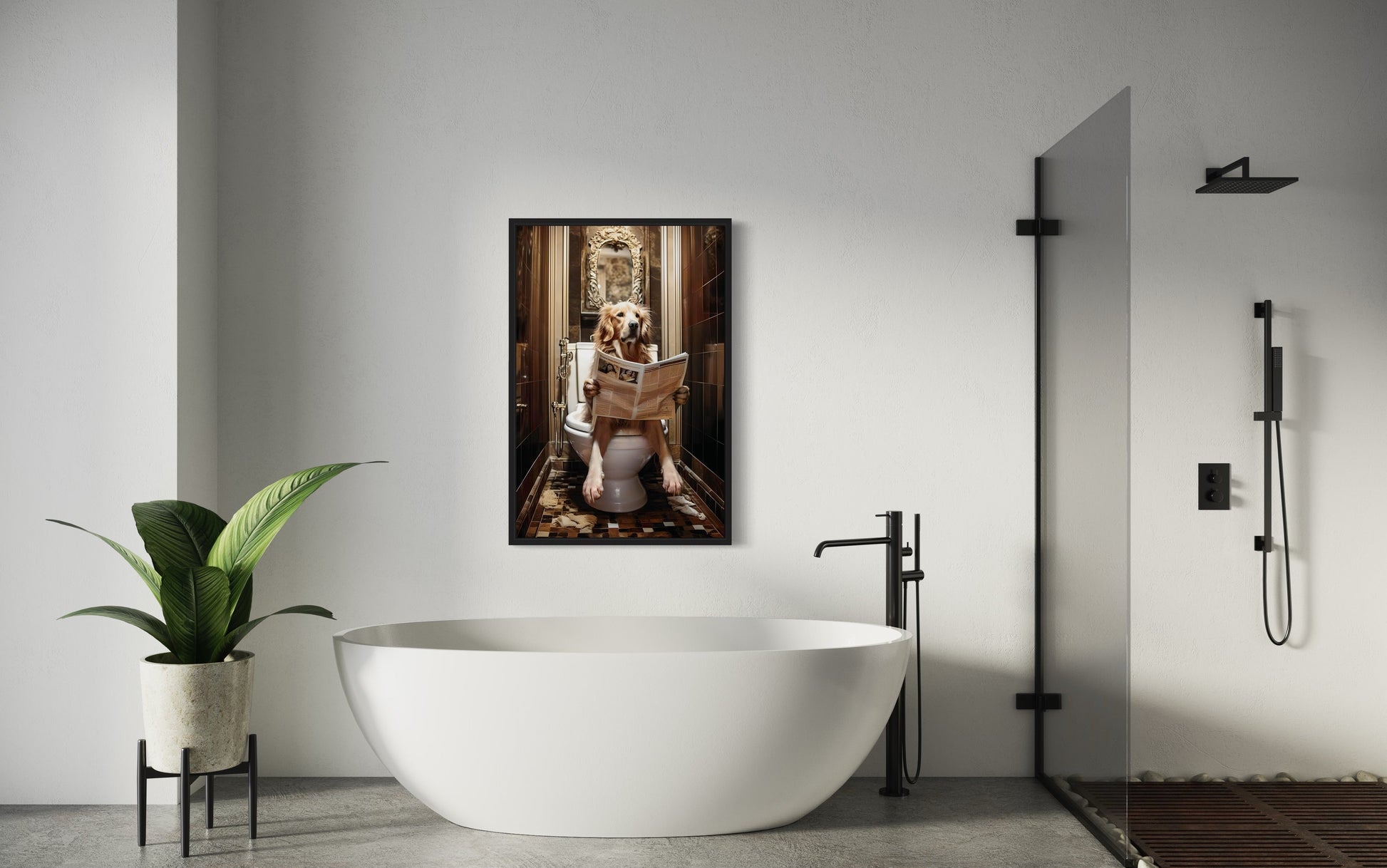 Golden Retriever Dog On The Toilet Reading Newspaper Picture Canvas Wall Art