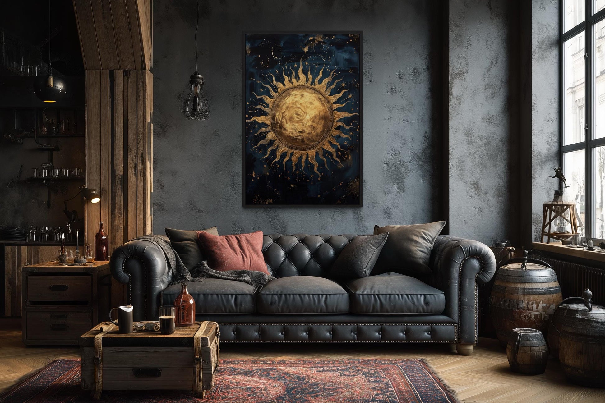 Golden Sun In Sky Celestial Framed Canvas Wall Art