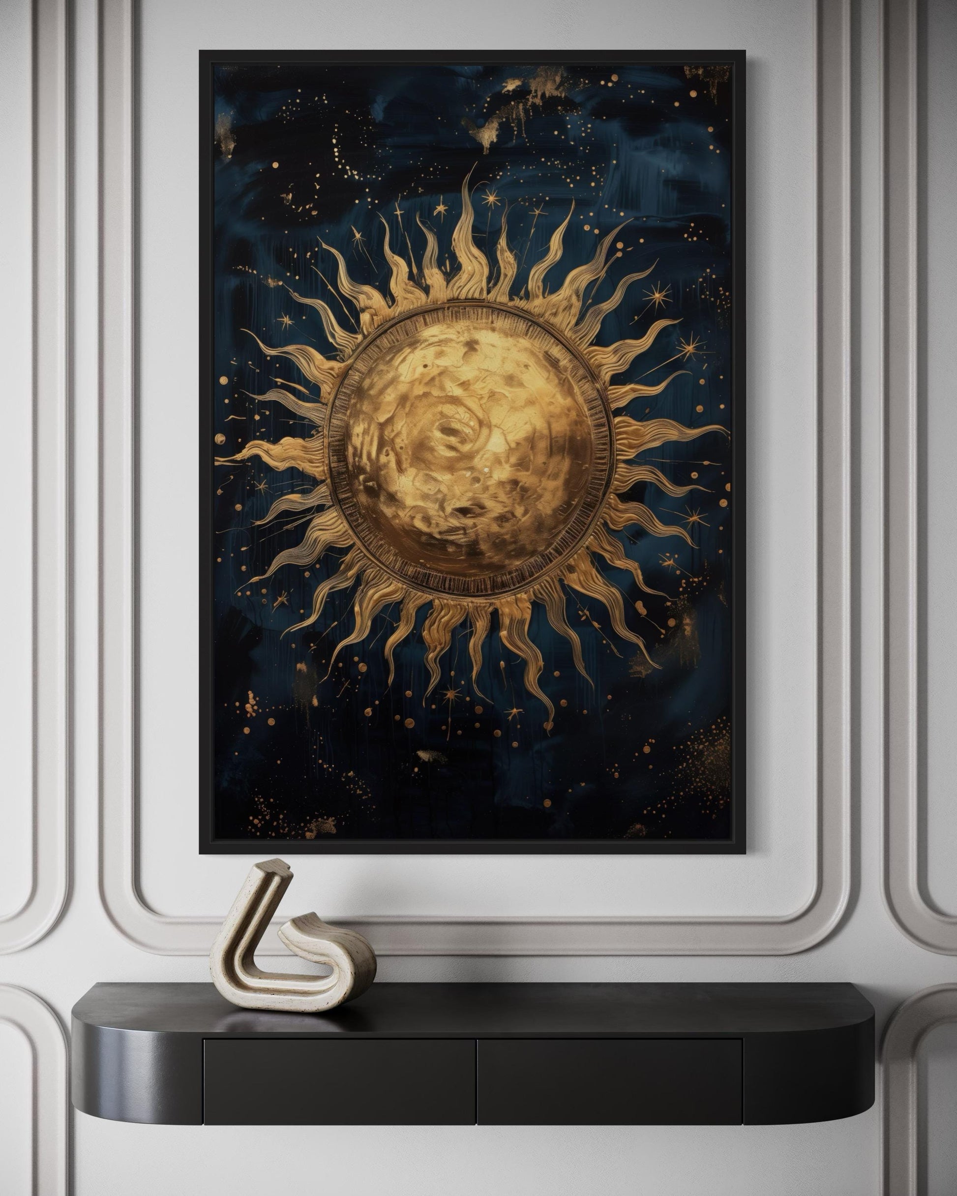 Golden Sun In Sky Celestial Framed Canvas Wall Art