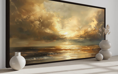 Golden Sunset Wall Art – Framed Ocean Seascape Print for Living Room Decor