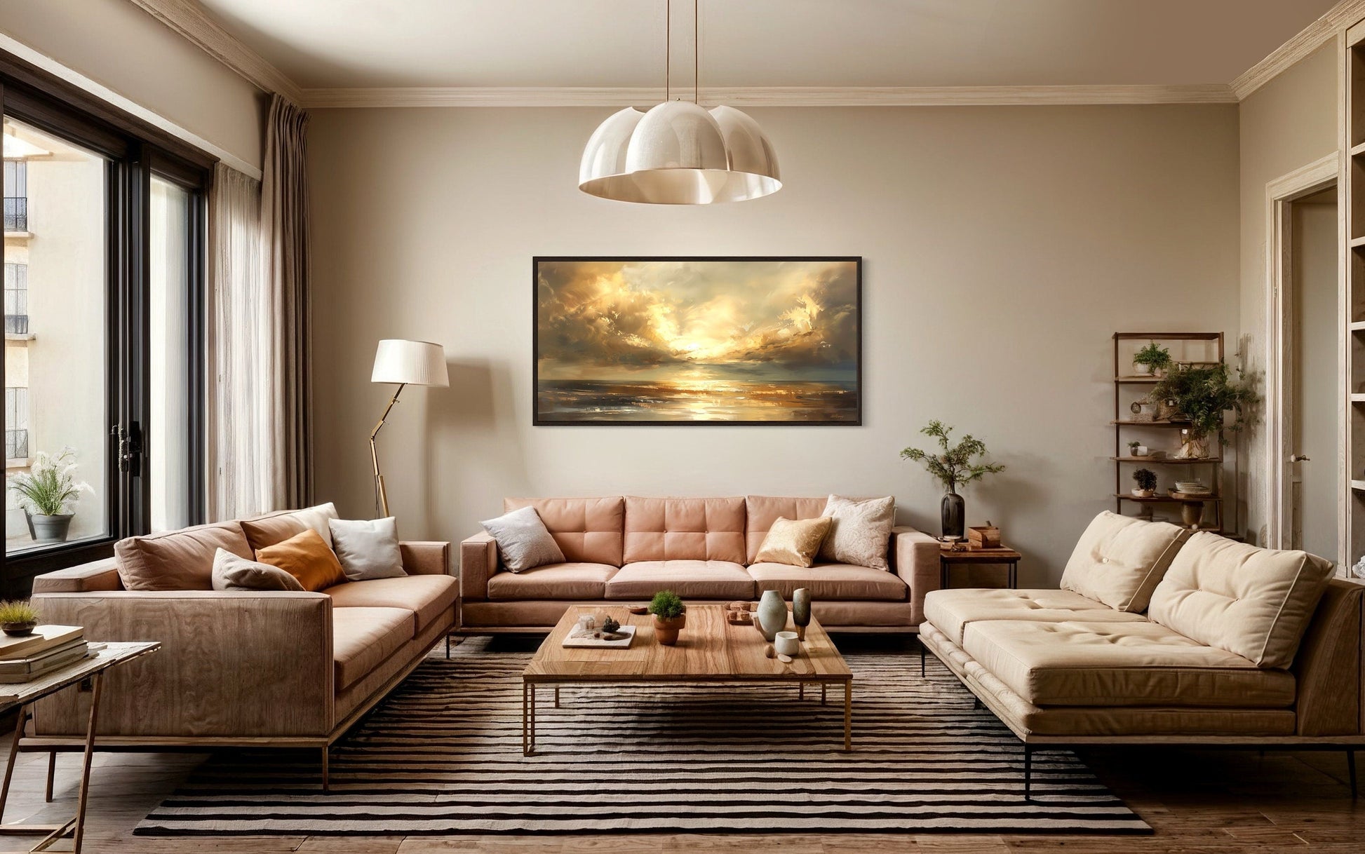 Golden Sunset Wall Art – Framed Ocean Seascape Print for Living Room Decor