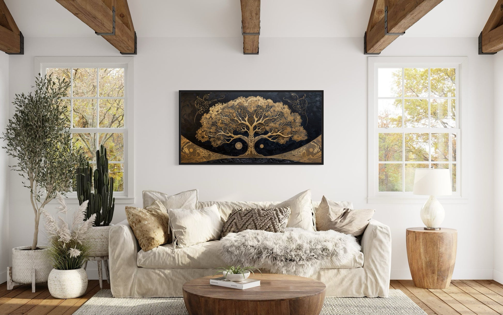 Golden Tree of Life on Black Background Canvas Wall Art