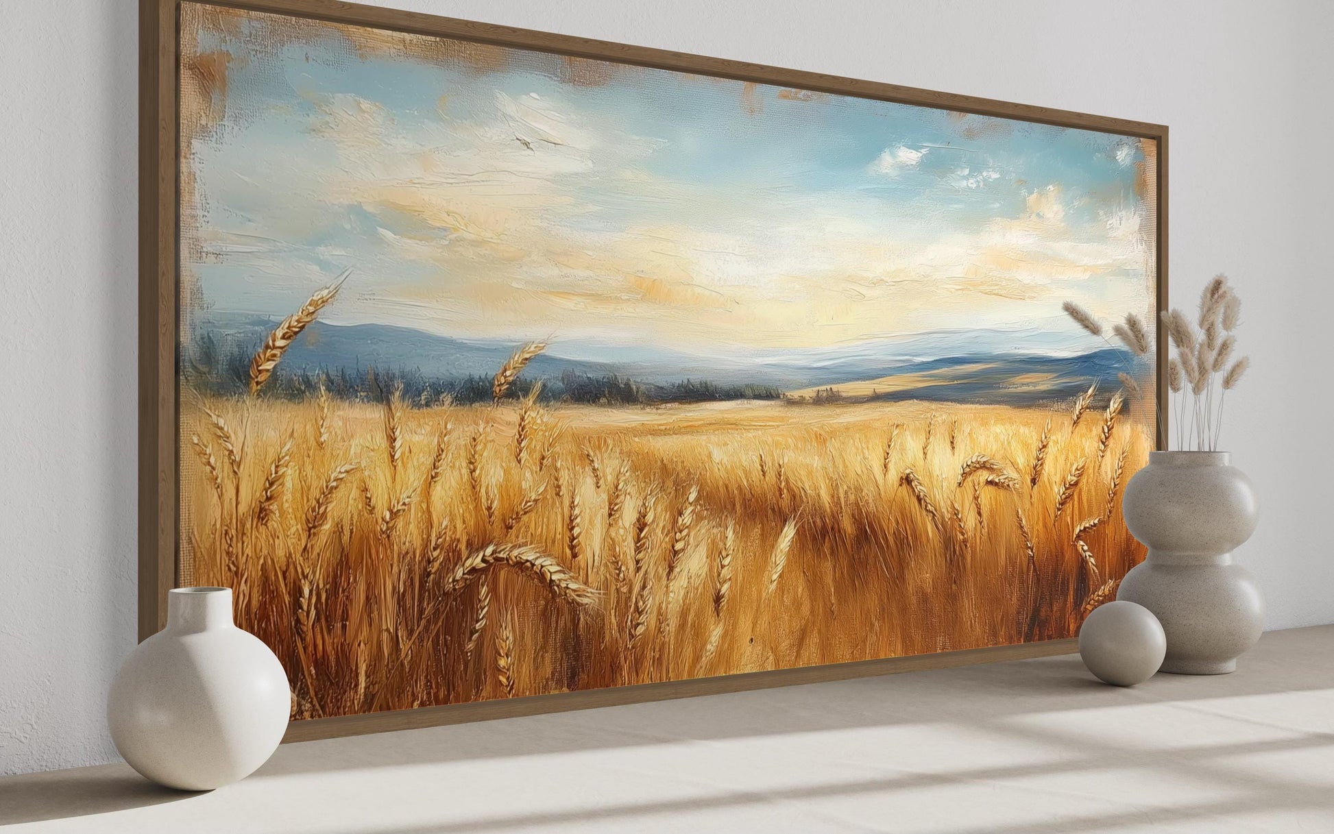 Golden Wheat Field Farm Framed Farmhouse Canvas Wall Art