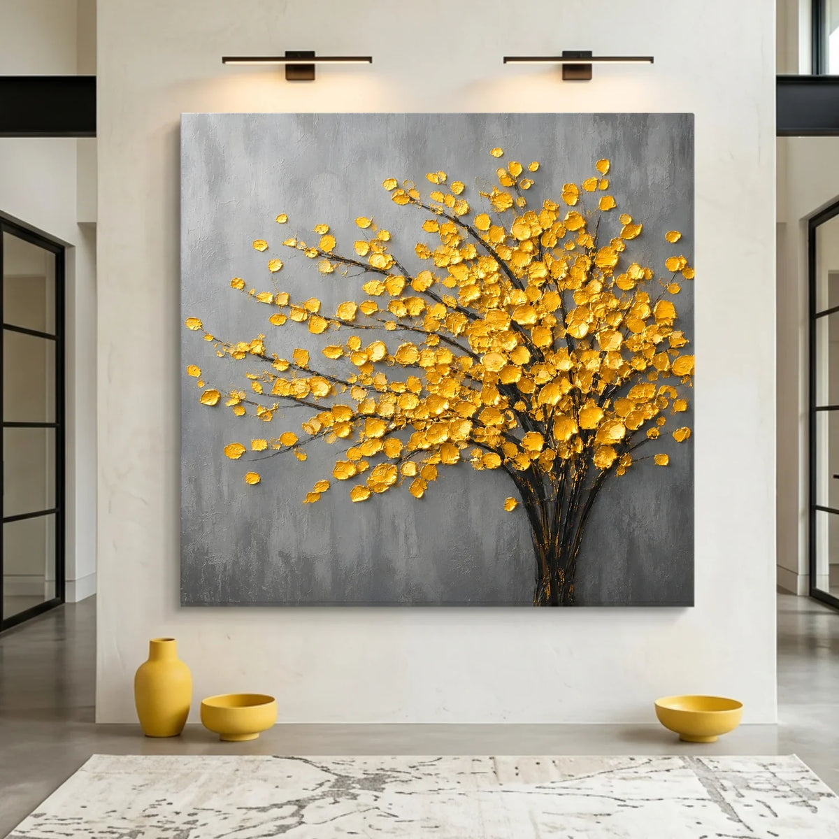 Decorative painting of a tree with yellow leaves on a gray background, displayed in a room with yellow vases and bowls.