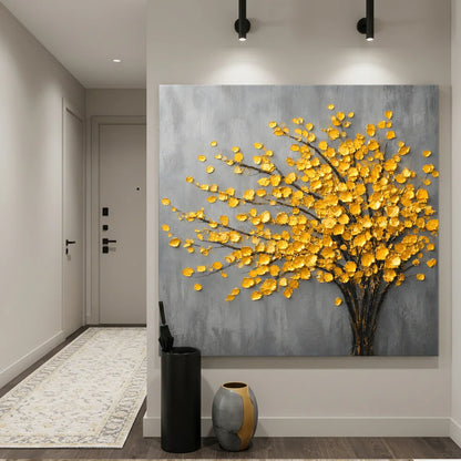 Modern interior with a large abstract painting of a yellow tree on a gray background.
