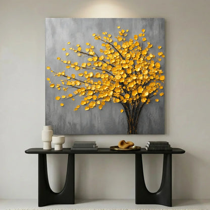 Decorative wall art with yellow floral design on a gray background, displayed above a black console table.