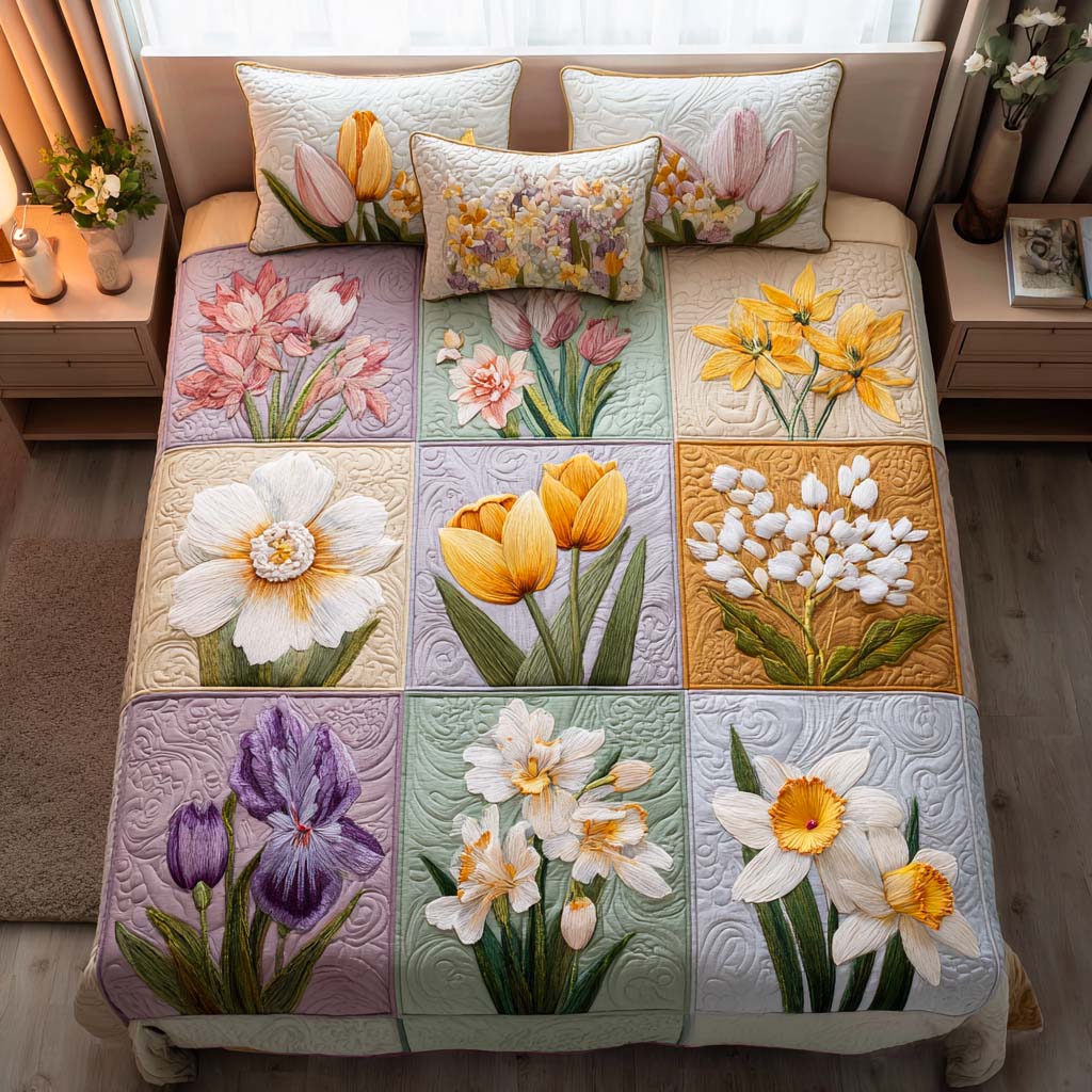 Golden Petals 3-Piece Quited Bedding Set - Single (59" x 70")