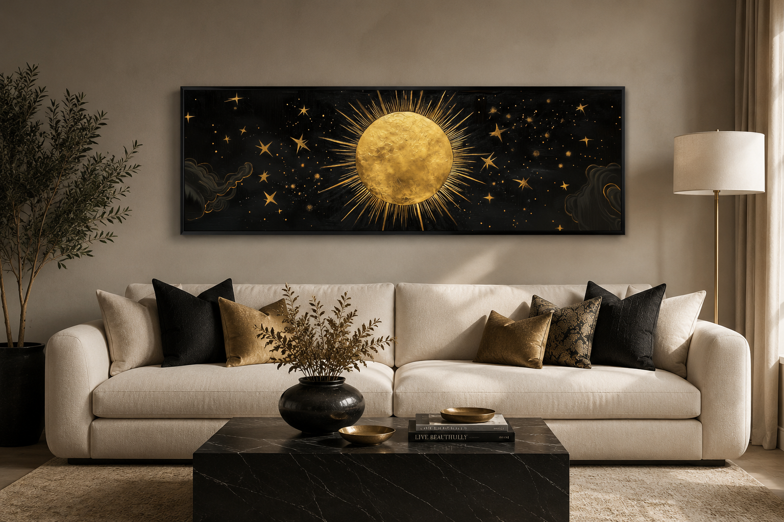 Golden Sun and Stars Black Gold Long Horizontal Canvas Wall Art