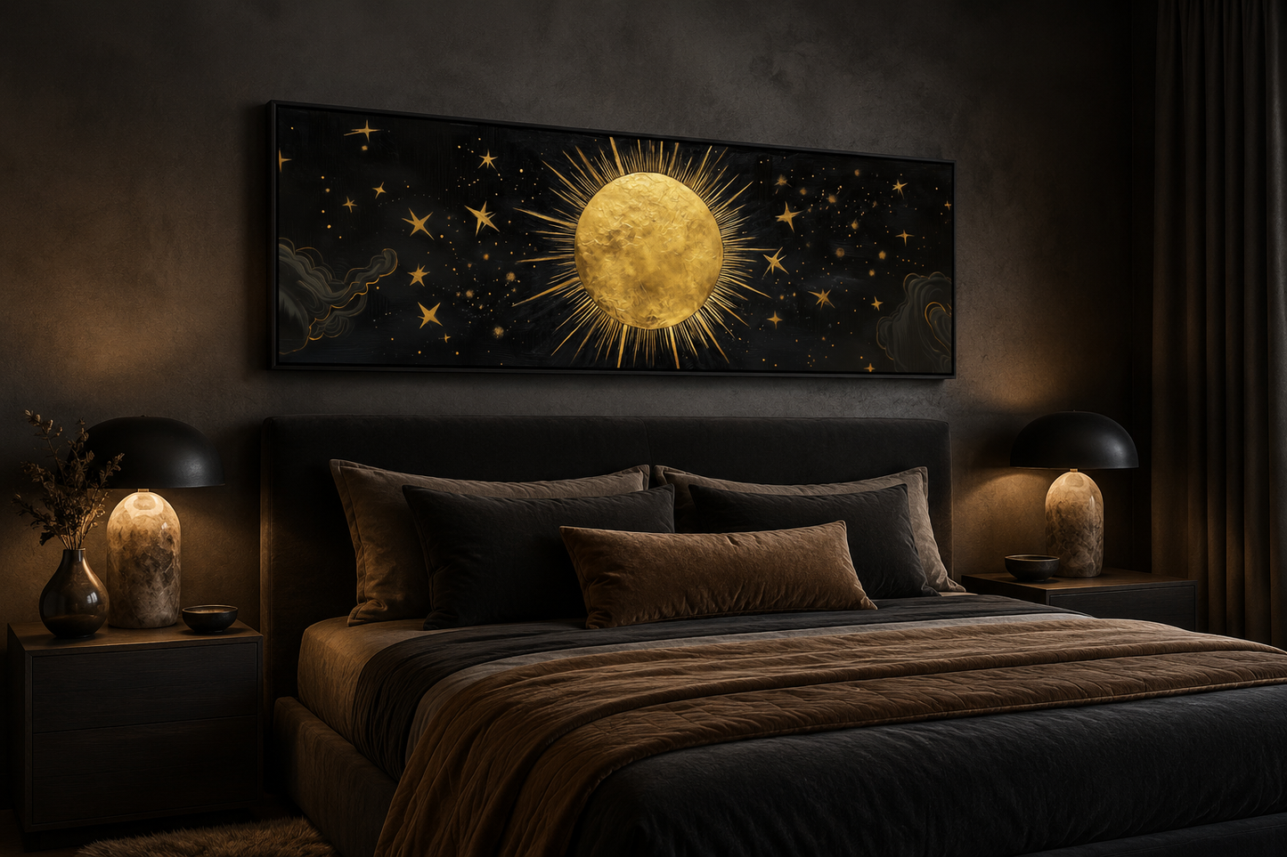 Golden Sun and Stars Black Gold Long Horizontal Canvas Wall Art
